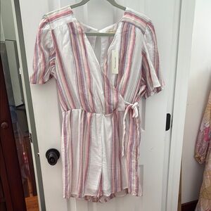 Harper Pink and White Puff Sleeve Wrap Romper